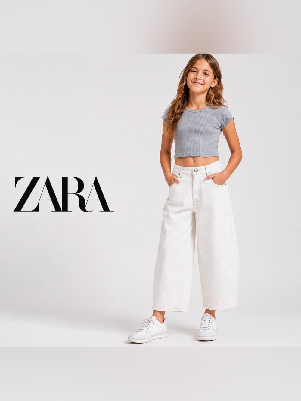 Zara Kids Girls The Slouch Crop Pant White Denim Jeans Size 10 Barrel Wide Leg